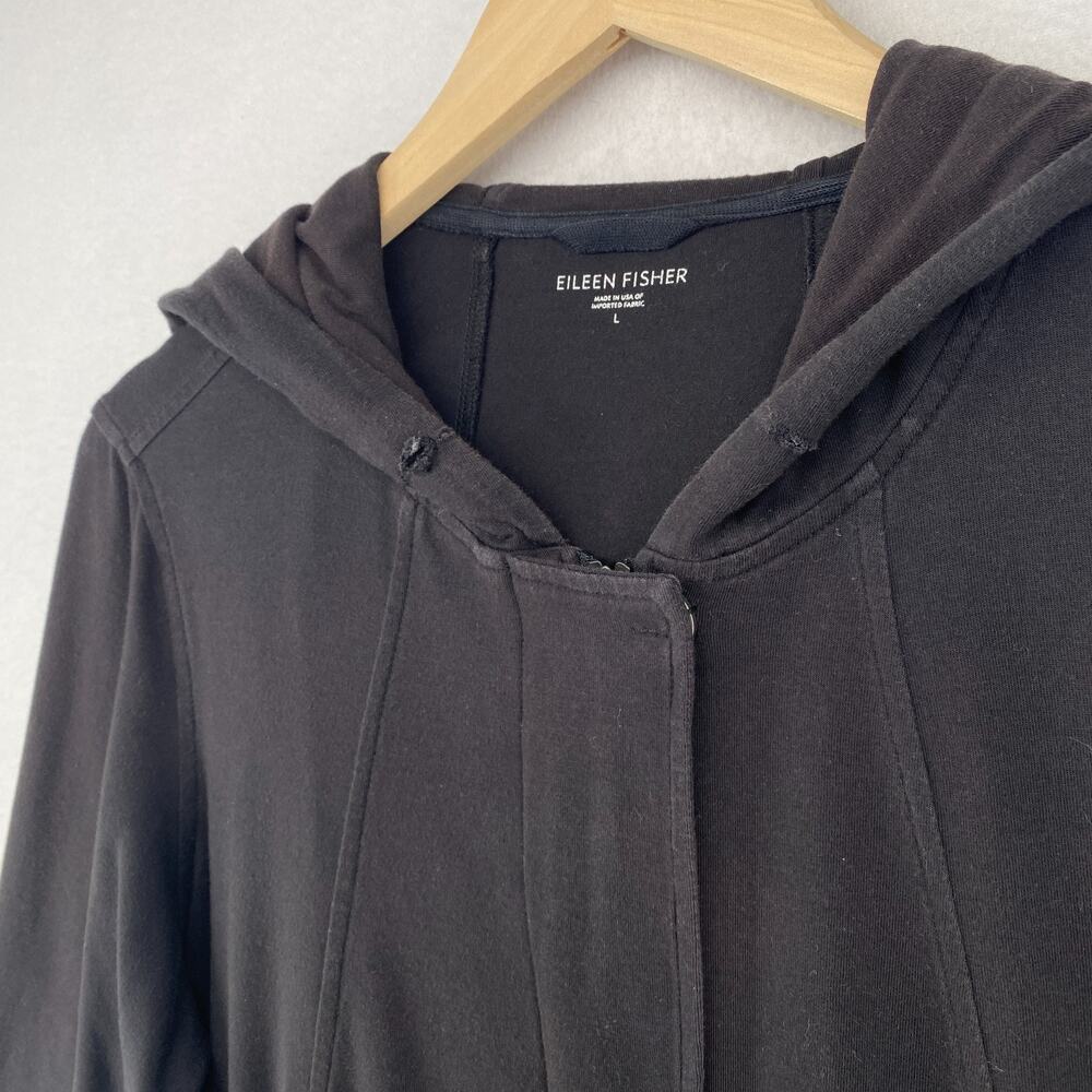 EILEEN FISHER Jacket L Organic Cotton Stretch Jersey Hoodie Sweatshirt Black USA - Picture 2 of 12